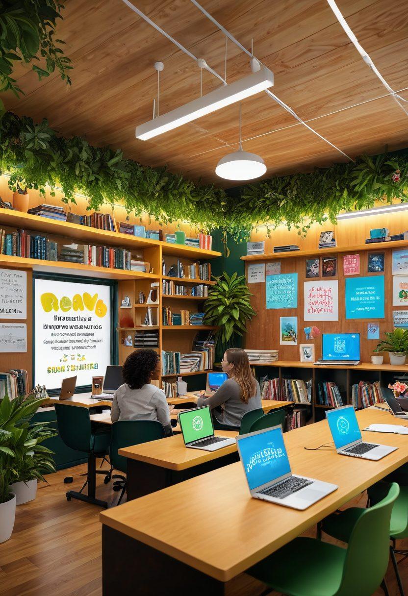 A vibrant digital classroom scene filled with diverse students engaged in passionate discussions over laptops, showcasing emotions of connection and joy. Incorporate elements like virtual emojis, glowing connection lines, and inspirational quotes floating around. The background features a blend of books, plants, and cozy decor that emphasizes personal development. super-realistic. vibrant colors. 3D.