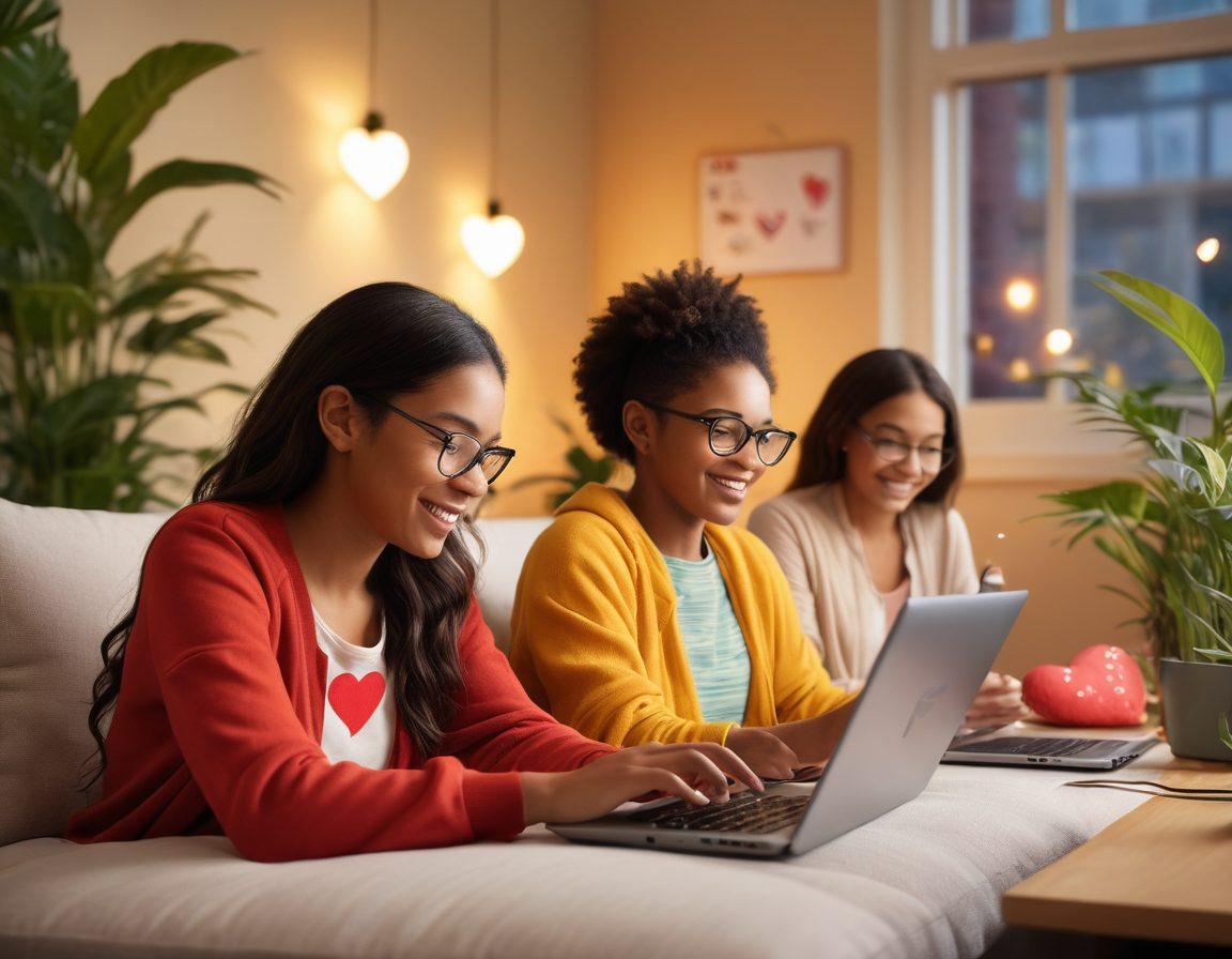 A warm, inviting digital classroom setting with diverse individuals engaged in interaction via laptops and tablets, showcasing a blend of online learning and emotional connection. Soft lighting accentuates their expressions of joy and understanding, while virtual elements like hearts and connection lines subtly weave between them. The background features elements of both technology and intimacy, like cozy pillows and ambient plants. vibrant colors. soft focus.
