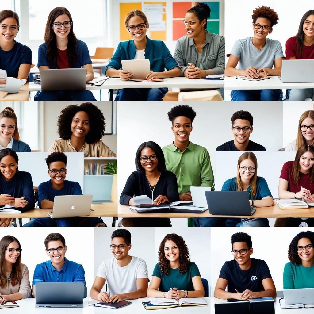 A split-screen image illustrating a vibrant virtual classroom with engaged students on one side, and a professional online networking scene on the other, showcasing diverse individuals collaborating and sharing ideas. Include elements of technology like laptops and tablets, and symbols of growth such as upward arrows and books. The overall feel should be inspiring and modern, emphasizing connection and learning. super-realistic. vibrant colors. white background.
